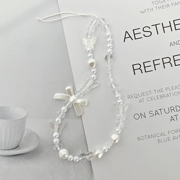 SelHeng 2Pcs White Mobile Phone Lanyard Universal Phone Chain Black Bow White Pearl Beaded Phone Lanyard Wrist Strap Anti Lost Phone Charm Strap