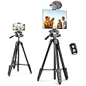 Aureday Phone Tripod Stand, 64” Extendable Cell Phone&Camera Tripod with Wireless Remote and Phone Holder, Aluminum iPad Tripod for Video