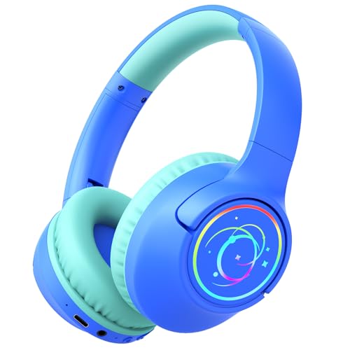 Kids Bluetooth Headphones with 85H Playtime for Toddler Boy, Blue with LED