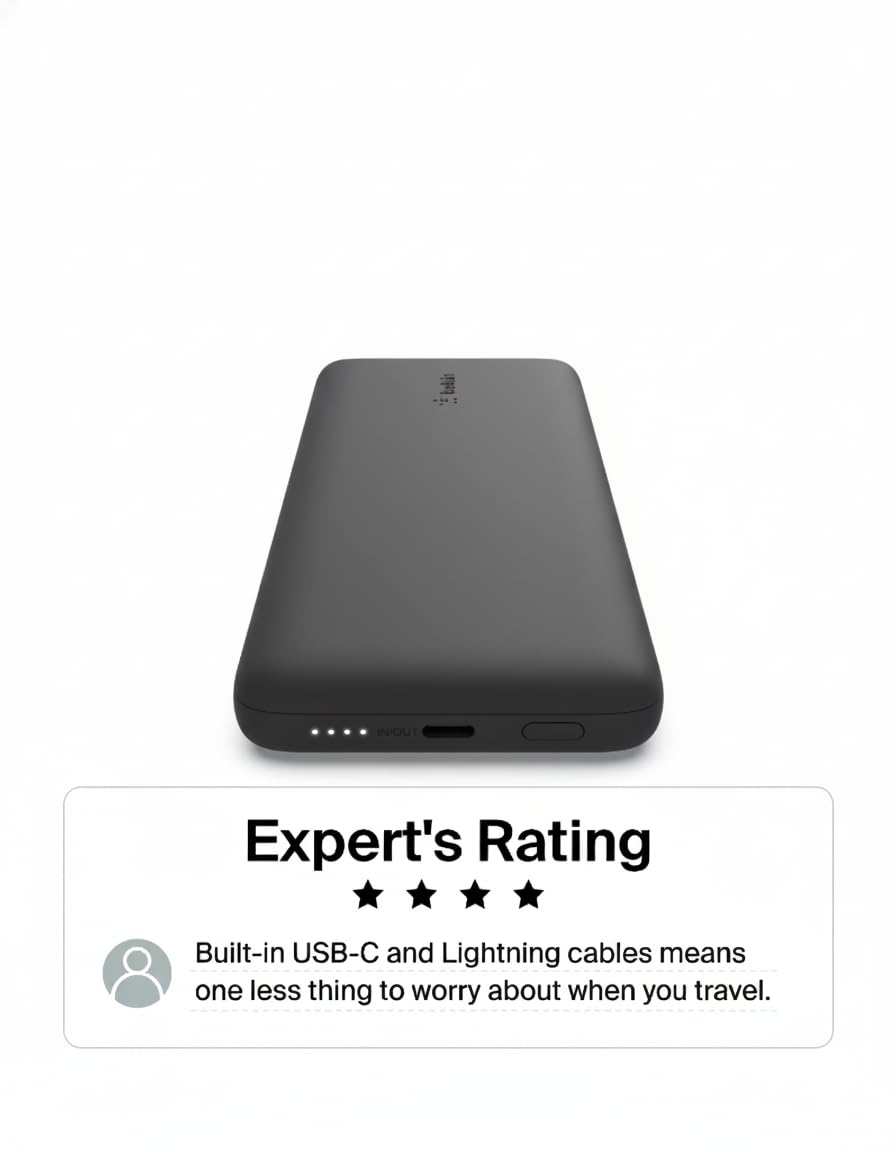 Belkin Portable Charger Power Bank for iPhone/Android (10,000mAh), 23W Battery Pack with Integrated USB-C, Lightning Cables, Pass-Through Capability