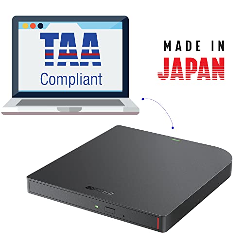 BUFFALO 6X Portable Blu-ray Drive, TAA-Compliant, Read/Write, Plays and Burns BD/DVD/CD, USB 3.2 (Gen 1) Type-A/Type-C, Compatible with Mac/PC/Win 8 /