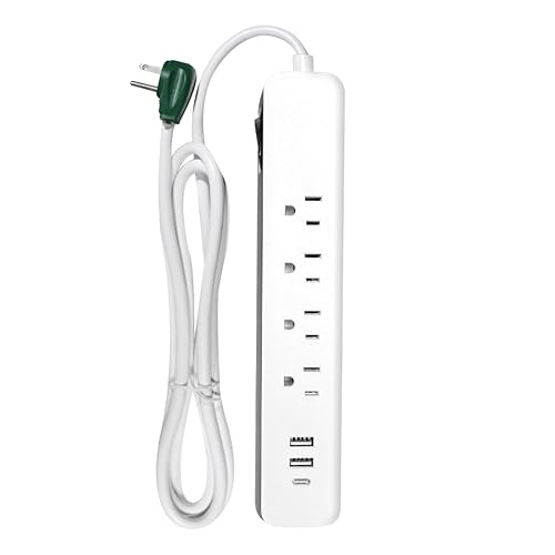 Go Green Power Inc. 6-ft Cord Surge Protector with 4 Outlets, USB-A and USB-C, 450 Joules - Compact, Heavy Duty, Circuit Breaker - Ideal for Home