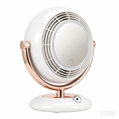 EZMind Retro-Style Makeup Mirror Desktop Portable Fan, Desktop Dressing Mirror with Built-in Fan, Equipped with LED Lighting, Warm and Cool Tone