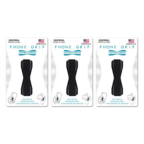 LOVEHANDLE Universal Phone Grip for Most Smartphones, Mini Tablets and Cases, Black Elastic Strap with Black Base, Pack of 3, LH-03