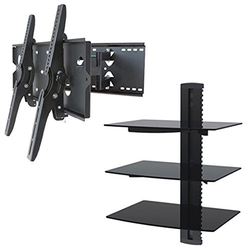 2xhome Full Motion Articulating Swivel Tilt Up Down TV Wall Mount Bracket for Samsung LG Sharp TV 55 60 65 70 75 80 85 DVD Player Entertainment Shelf