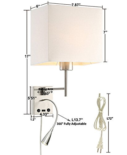 HomeFocus Bedside Wall Light with LED Reading Lamp,Swing Arm Wall Lamp,Wall Sconces