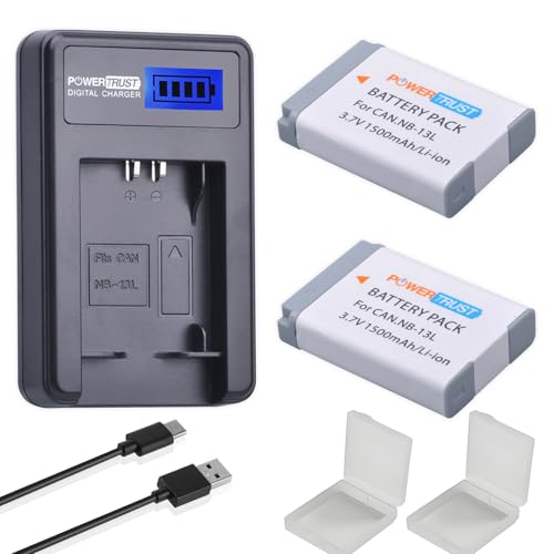 Powertrust 2 Pack NB-13L Battery + LCD USB Charger Compatible with Canon PowerShot G5X, G7X, G9X, G7 X, Mark II G9 X, SX620, SX720, SX730 HS