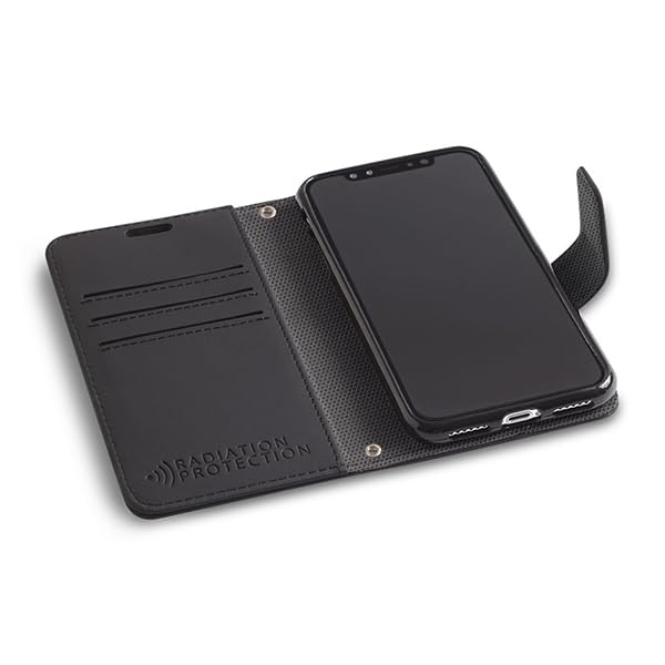 SafeSleeve Wallet Leather Case for iPhone 16e/17e EMF Blocker for Cell Phone with 3 Card Holder & Adjustable Stand - Magnetic Closure, and Magnetic