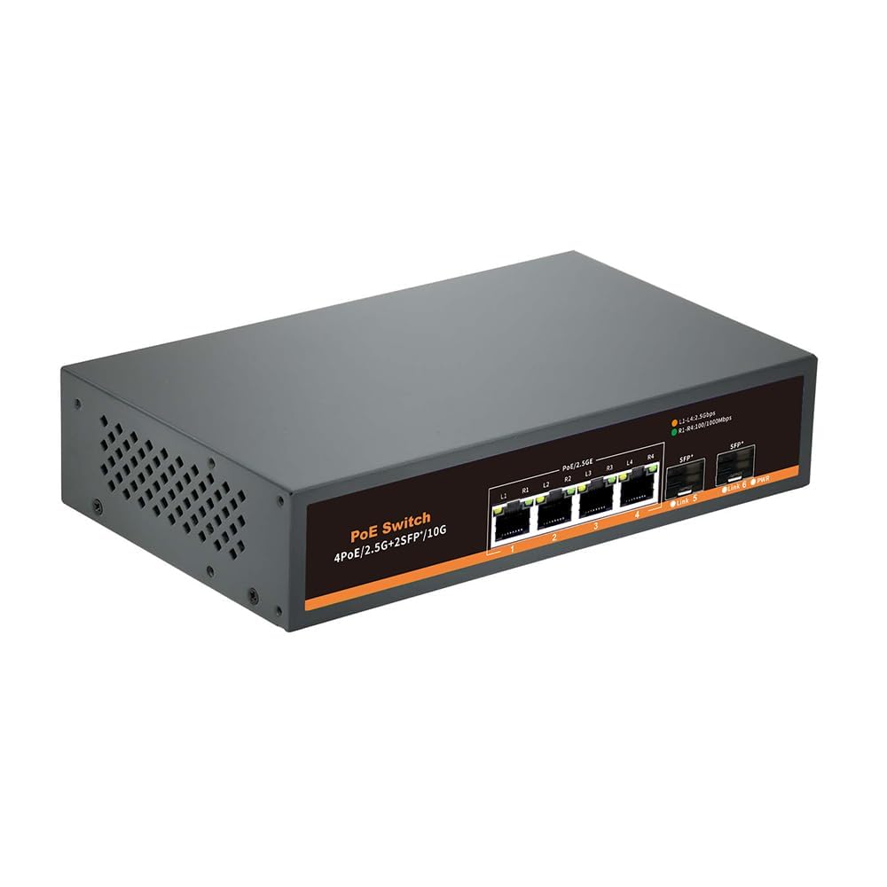 Davuaz 2.5G Unmanaged PoE Switch with 4 x 2.5G Base-T Ports and 2 x 10G SFP Uplink Port, Compatible with 100/1000/2500Mbps, Fanlesss Design, Plug