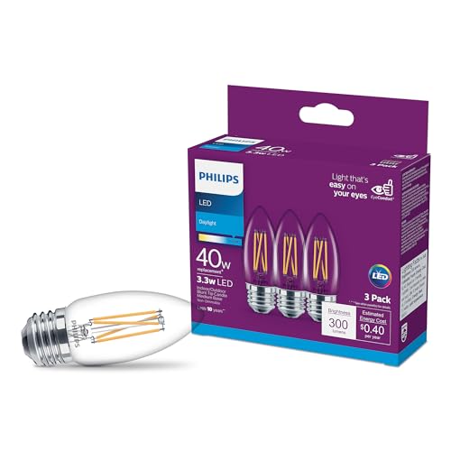 PHILIPS LED Clear Non-Dimmable B11 Light Bulb - EyeComfort Flicker Free - 3.3W = 40W - 300 Lumen - Daylight (5000K) - E26 Base - Indoor - Title 20