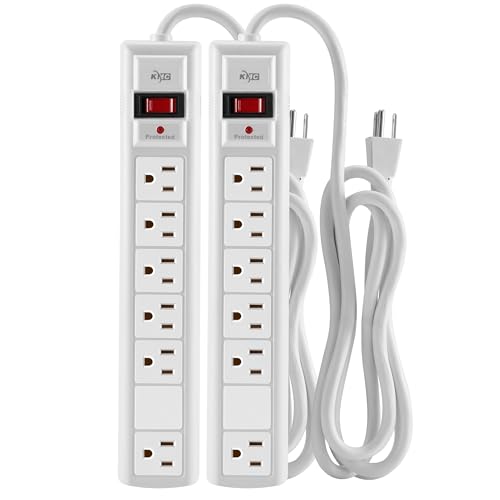 KMC 6-Outlet Surge Protector Power Strip, 2-Pack, 1200 Joules, 6ft Cord, Adapter Spaced Outlet, Overload Protection, White
