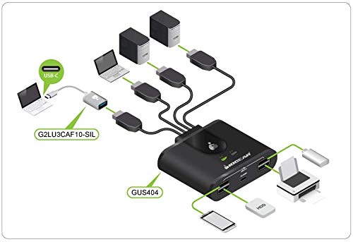 IOGEAR 4x4 USB Sharing Switch - With USB-C Adapter - Compatible MAC/PC - LED Indicates - Switch With Remote - GUS404CA1KIT
