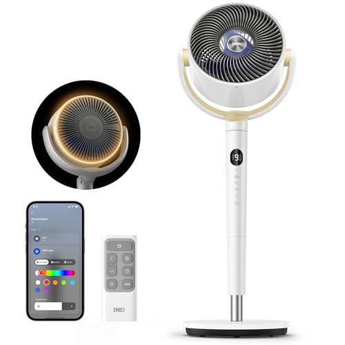 DREO Smart Fan for Bedroom, 120° +120° Omni-Directional Oscillating Fans, 100ft Quiet Pedestal Fan with RGB Light, 9 Speeds, 6 Modes, 8H Timer