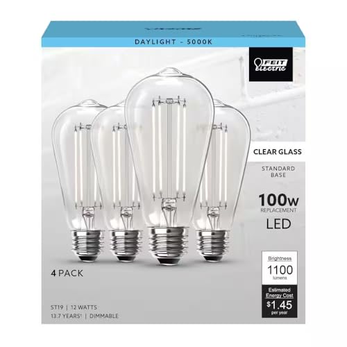 Feit Electric 100-Watt Equivalent ST19 Dimmable Straight Filament Clear Glass E26 Vintage Edison LED Light Bulb, Daylight (4-Pack)