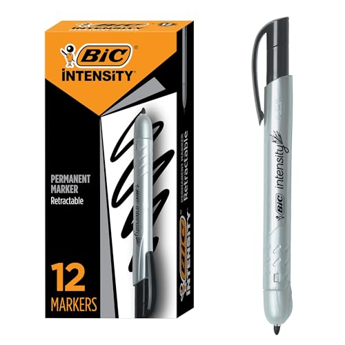 BIC Intensity Retractable Permanent Markers, Fine Bullet Tip, Black, 12-Count Pack, Permanent Markers for Teachers and Office Supplies