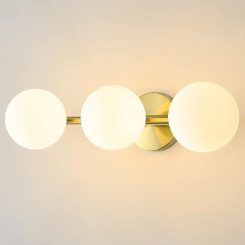Bathroom Vanity Lights, 3-Light Bathroom Light Fixtures Gold Bathroom Lights, Mid Century Modern Brass Gold Vanity Light Dimmable Wall Sconce Wall
