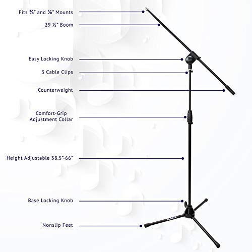LyxPro Microphone Stand Boom Arm Tilting Rotating Floor Podium Stage or Studio Strong Durable And Foldable Height 38.5"- 66" Extends Arm to 29 3/8"