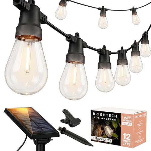 Brightech Ambience Pro Solar Powered Outdoor String Lights -27 ft Commercial Grade Waterproof Edison Patio Lights, Shatterproof LED String Lights