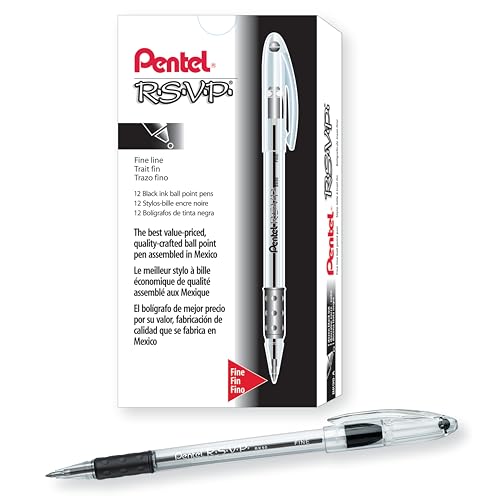 Pentel RSVP Ballpoint Pen, Fine Line, (0.7mm), Black Ink (BK90-A) (Pack of 1, 12 Count Total)