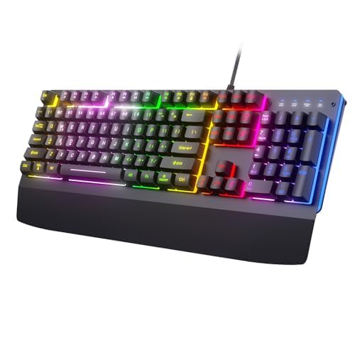 Wired Gaming Keyboard,RGB Light Up Keyboard with Wrist Rest,104Keys All Metal Panel Rainbow Backlit for Gaming,Silent Computer with Multimedia