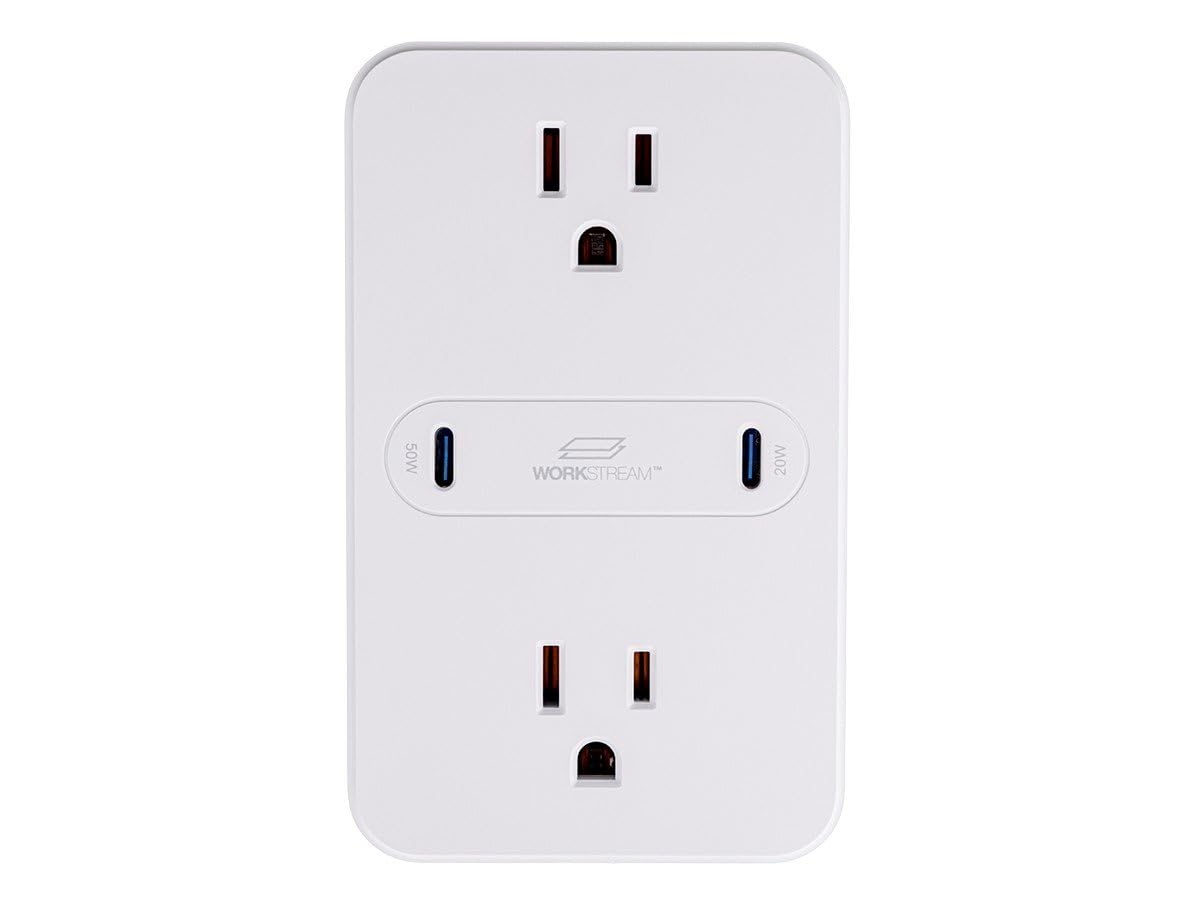 Monoprice 2-Outlet Wall Tap Power Strip with USB-C PD 50W + 20W Power Delivery, Wall Mountable, for Laptops and Mobile Phones - Workstream Collection