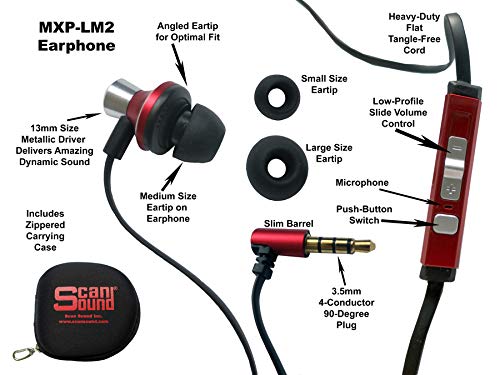 Scan Sound Headset Stereo Earphone (for Left Ear), with 3 Sizes of eartips and Zippered Earphone Carrying case