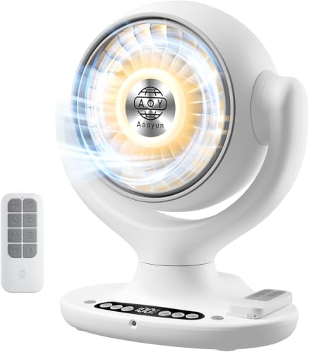 Aaoyun Cordless Desk Fan, 12000mAh Rechargeable Air Circulator with Remote, 3D Oscillating Table Fan, 8 Speeds Quiet DC Motor, 4-Level LED Light