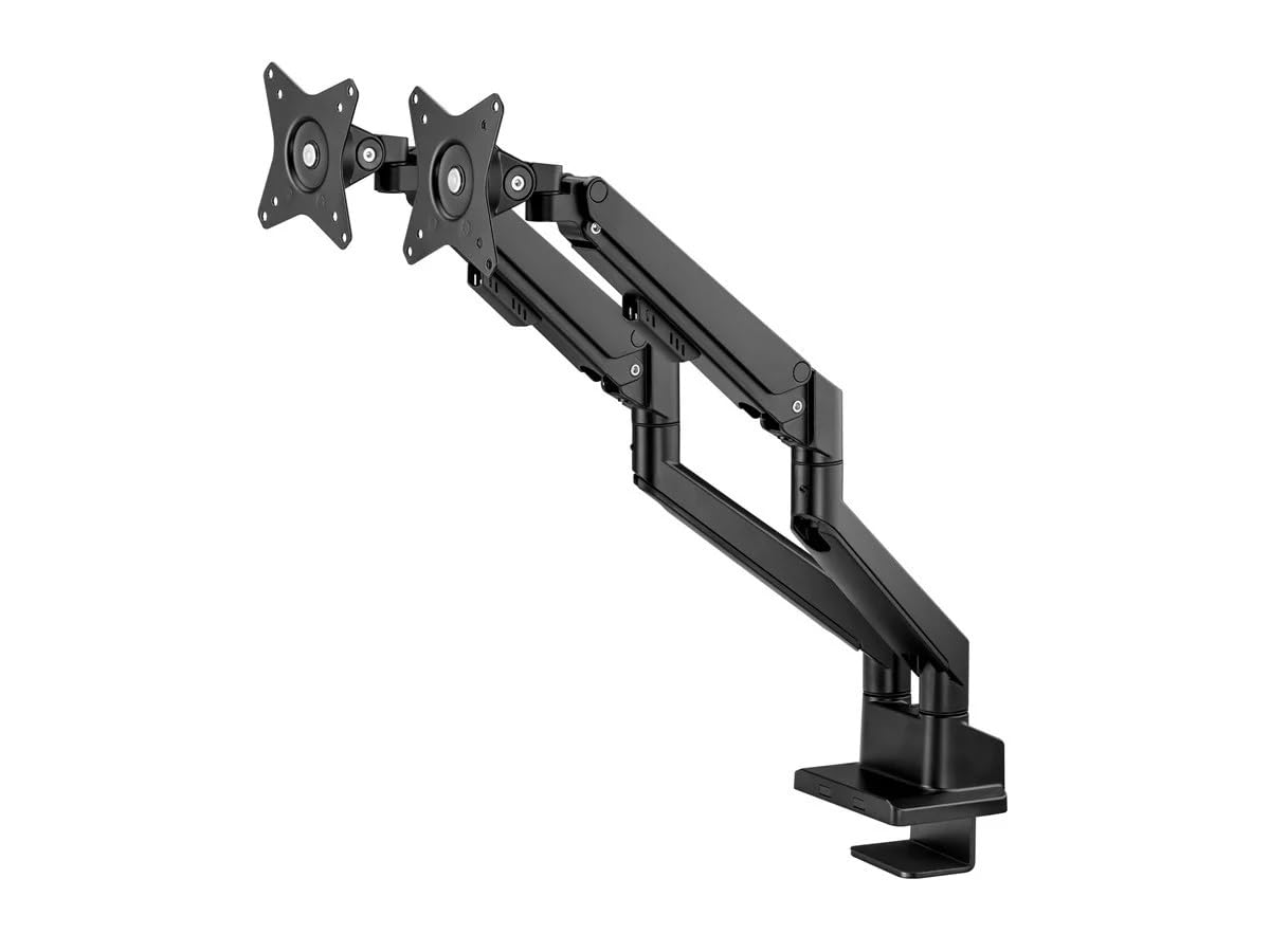 Monoprice Low Profile Dual Monitor Gas Spring Desk Mount - Up to 32in/19.8 lbs Screens, Detachable VESA 100x100/75x75 Plate, 180 Degree Wall Stop