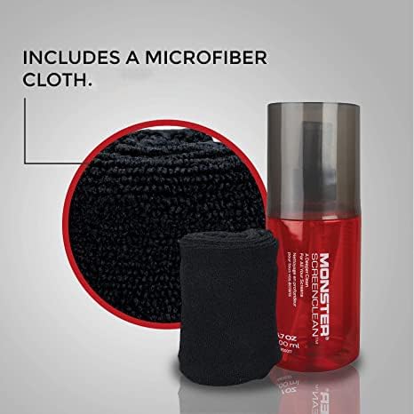 Monster Screen Cleaner Kit with Microfiber Cloth, 6.7 oz (200 mL) Monitor Cleaning Spray for HDTVs, Laptops, Tablets, Smartphones and Eyeglasses, White/Black/Red