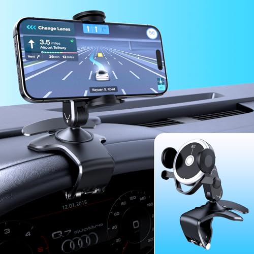 DRPHKTT Universal 360° Rotating Dashboard Phone Holder for Car - Spring Clip Car Phone Mount, No Adhesive No Tools, Multi-Angle Adjustable Clip-On