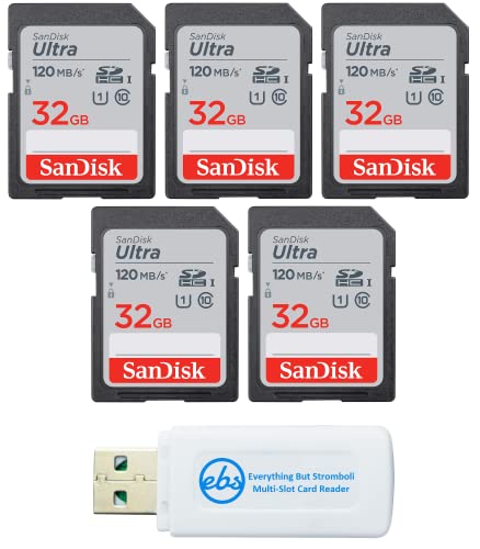 SanDisk 32 GB Class 10 SD HC Ultra Flash Memory Card - 5 Pack (SDSDUN4-032G-GN6IN) Bundle with Everything But Stromboli MicroSD & SD Card Reader