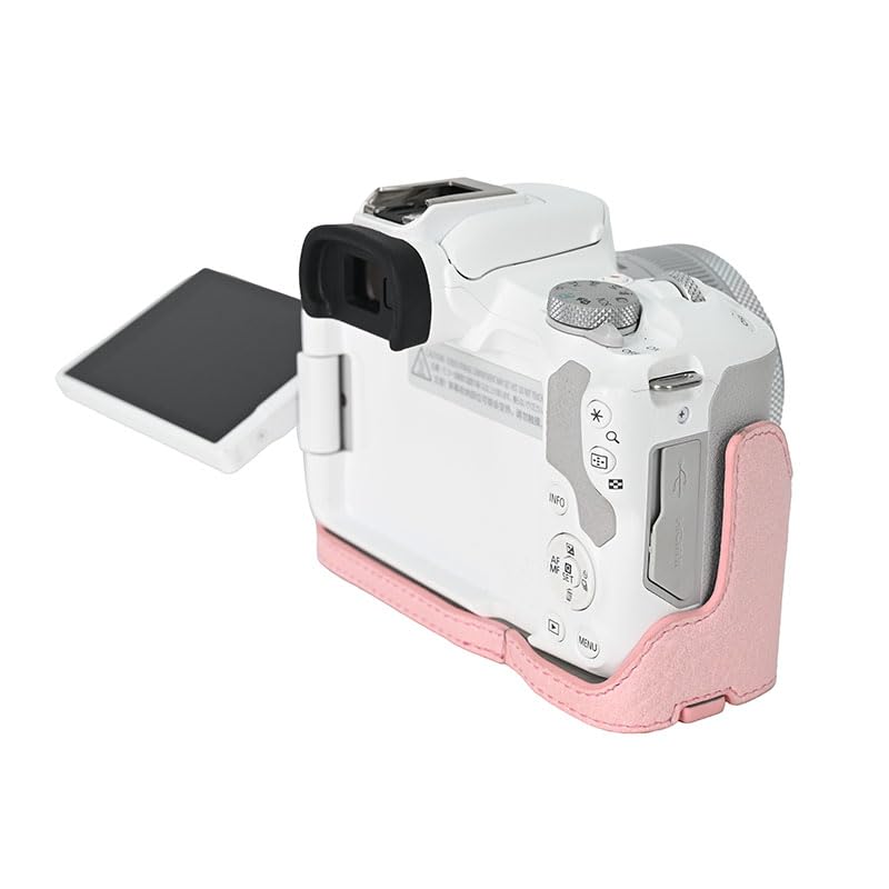 R50 Case, BMAOLLONGB Handmade PU Lichee Leather Half Camera Case Bag Cover Bottom Opening Version for Canon Eos R50 with Hand Strap (Pink)