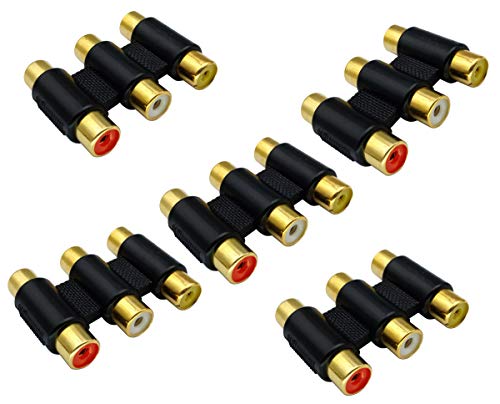 AAOTOKK 5-Pack 3 RCA Female to Female Adapter, Gold Plated, Black