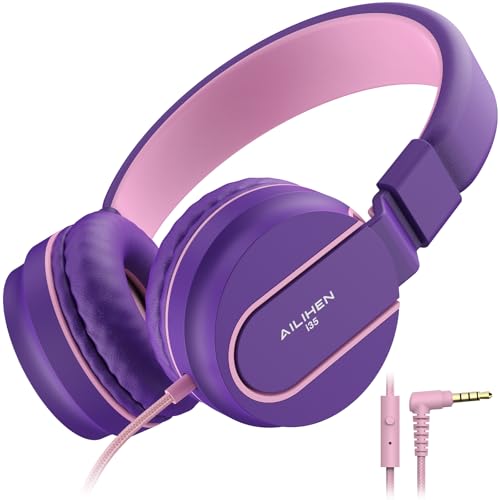 AILIHEN Kids Headphones for School, Safe Volume Limited 93dB, On-Ear HD Mic Stereo Sound Girls Boys Wired Headphones for Kid, Foldable Headset…