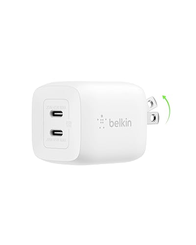 Belkin 45W Dual USB C Charger Block, Super Fast Charging PD3.0 w/ GaN Technology - Samsung Galaxy S25, Apple iPhone 17, Air, Pro, Pro Max, iPad