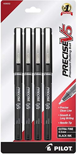 Pilot Precise V5 Stick Liquid Ink Rolling Ball Stick Pens, Extra Fine Point (0.5mm) Black Ink Pens, 4-Pack