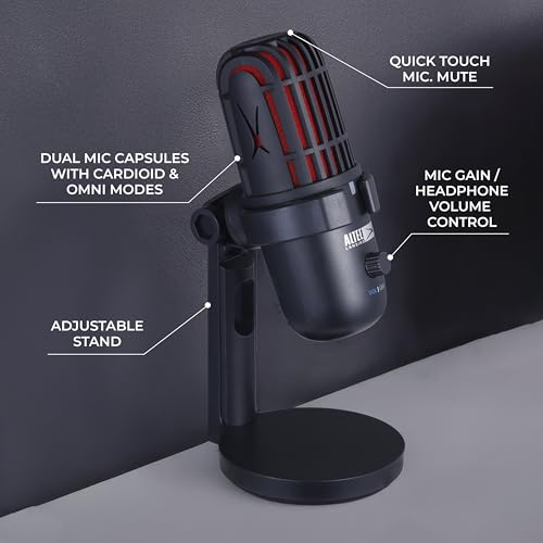Altec Lansing Studio MIC 1, Dual Pattern 24/96 USB-C Podcast Microphone with Zero Latency Monitoring, Streaming & Recording Microphone with Table