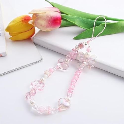 Dwuww Pink Acrylic Beaded Mobile Phone Straps Anti-Lost Hand Strap Pendant Hanging Rope Phone Wrist Hand Lanyard Home Cell Charms Cell Charms Button