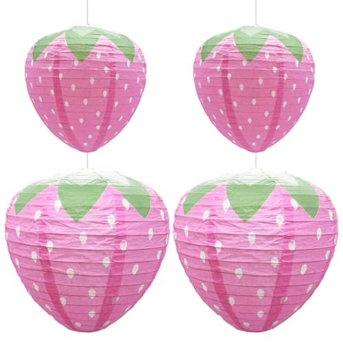 Hocansen 4 PCS Strawberry Paper Lanterns 8in 12in 3D Strawberry Hanging Decoration Strawberrys Shaped Paper Lanterns Fruit Hanging Ornaments