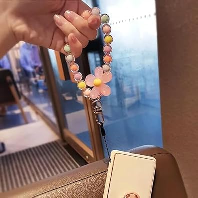 GANPUB Pink Mobile Strap Beaded Flower Bracelet Creative Hanging Rope Keychain Mobile Phone Lanyard Beaded Flower Anti-Lost Phone Case Cell Phone