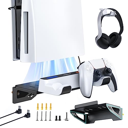 NexiGo Wall Mount Kit with Charging Station for PS5 and PS5 Slim/Pro Versions, Dual Controller Chargers, Steel Wall Stand, and Headphone Hanger
