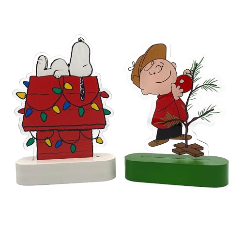 Mark Feldstein, Peanuts Holiday LED Illuminated Acrylic Tabletop Lights, Snoopy's Decorated Doghouse and Charlie Brown's Christmas Tree, 6 Inch (Set