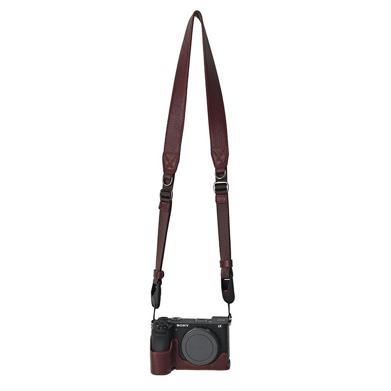 BMAOLLONGB A6700 Case, Handmade Litchi Genuine Real Leather Half Camera Case Bag Cover for Sony Alpha A6700 Bottom Opening Version + Neck Strap