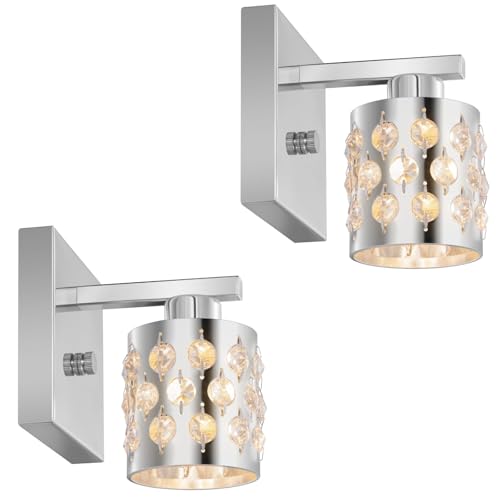 CRAFTRONOS 2-Pack Chrome Finish Wall Sconces, Hardware Decor Set of 2 Modern Vanity Lights, Metal Shade in K9 Crystal Clear Glass for Bathroom Mirror