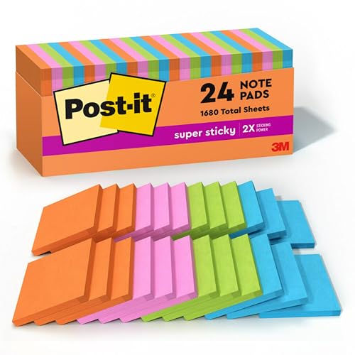 Post-it Super Sticky Notes, 3 x 3 in, Neon Fizz, 24 Pads, 70 Sheets/Pad