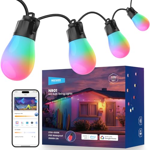 NEEWER 96ft Outdoor String Lights, App Control Smart AI RGBW Hanging Outside Warm White Patio Balcony Backyard Lighting, IP65 Waterproof, 30 LED