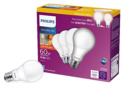 Philips LED 4 Pack A19 Soft White Dimmable Warm Glow LED, 2200-2700 Kelvin, 800 Lumen, 8.8W=60W, E27 Base