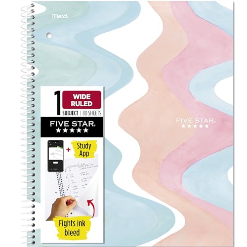 Five Star Spiral Notebook + Study App, 1 Subject, Wide Ruled, 8" x 10-1/2", 80 Sheets, Fights Ink Bleed, Water Resistant Cover, Pastel Waves (930060F)