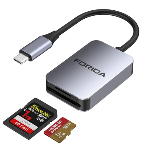 FORIDA Aluminum 2-in-1 SD/Micro SD Card Reader USB C, 190MB/s High-Speed, Dual Card Simultaneous Read & Transfer, Compatible with iPhone 15/16/17