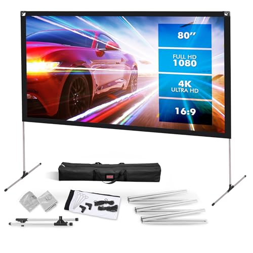 Pyle Projector Screen with Stand - 80'' 16:9 HD 4K Portable Lightweight Freestanding Foldable Indoor Outdoor Movie Projection Display with Frame
